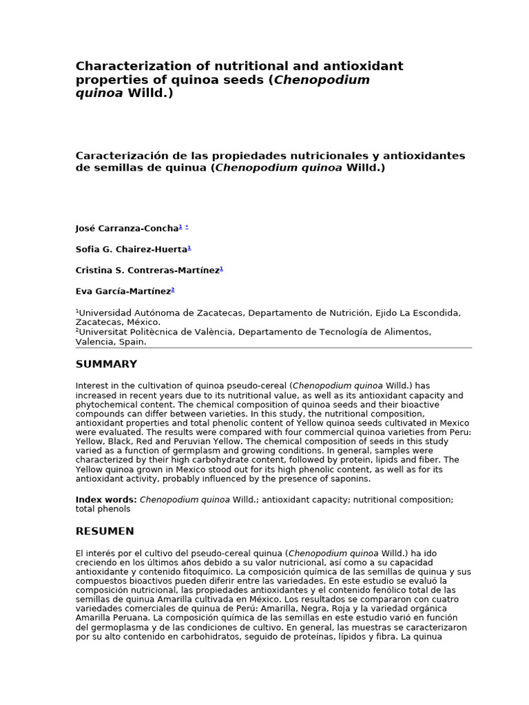 Nutritional and Antioxidant Properties of Quinoa | PDF | Polyphenol ...
