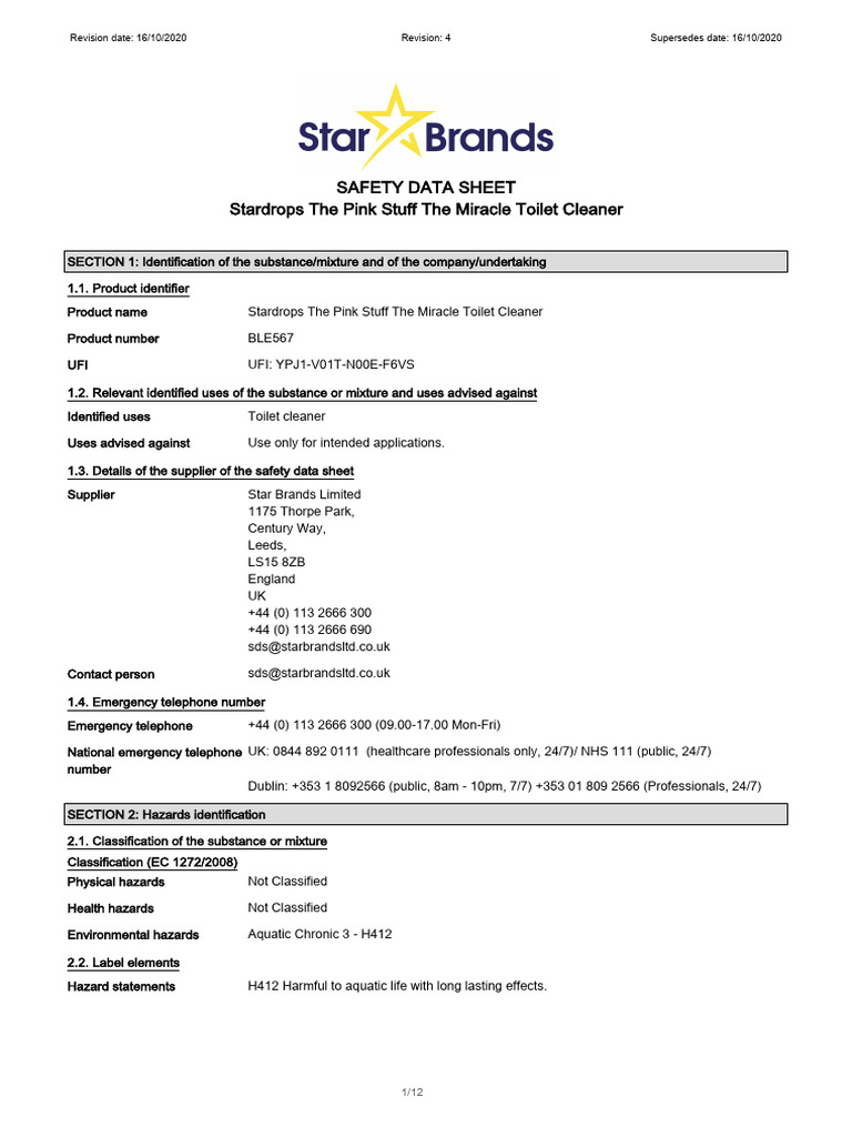 Stardrops Toilet Cleaner Safety Data Sheet | PDF | Toxicity ...