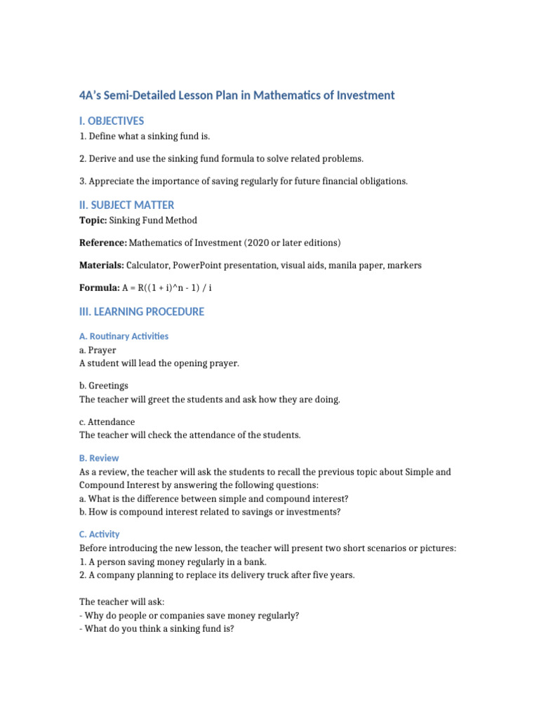 4as Lesson Plan Sinking Fund Method (Marc Joejen Darantinao Math 2A ...