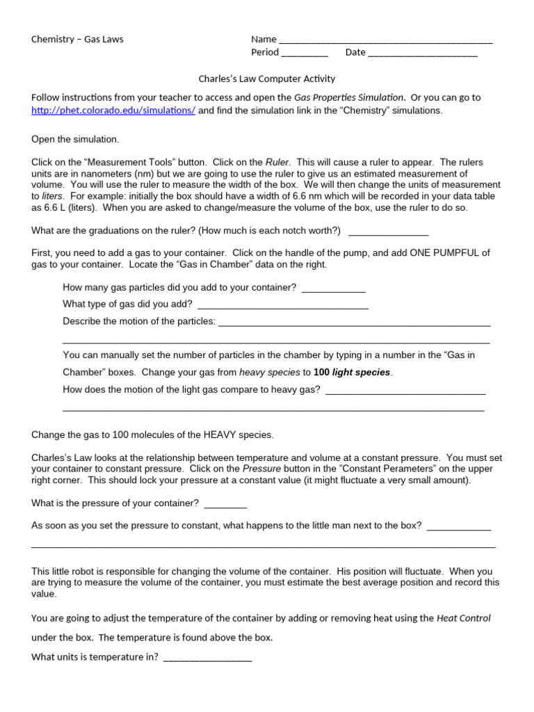 Charles Law Computer Activity | PDF