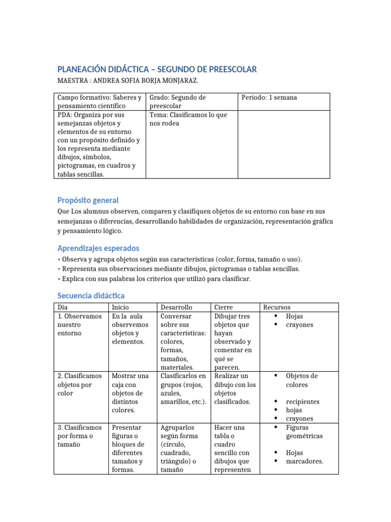 Planeación Didáctica: Clasificación en Preescolar | PDF | Educación de ...