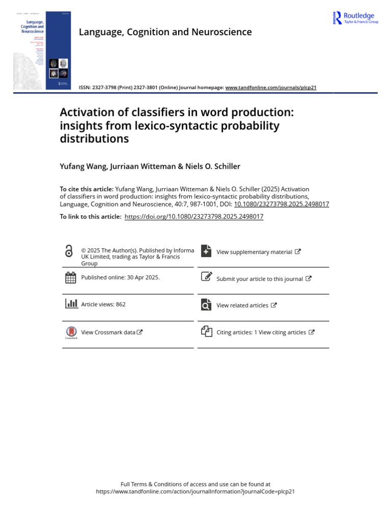 Classifier Activation in Mandarin Word Production | PDF | Grammatical ...