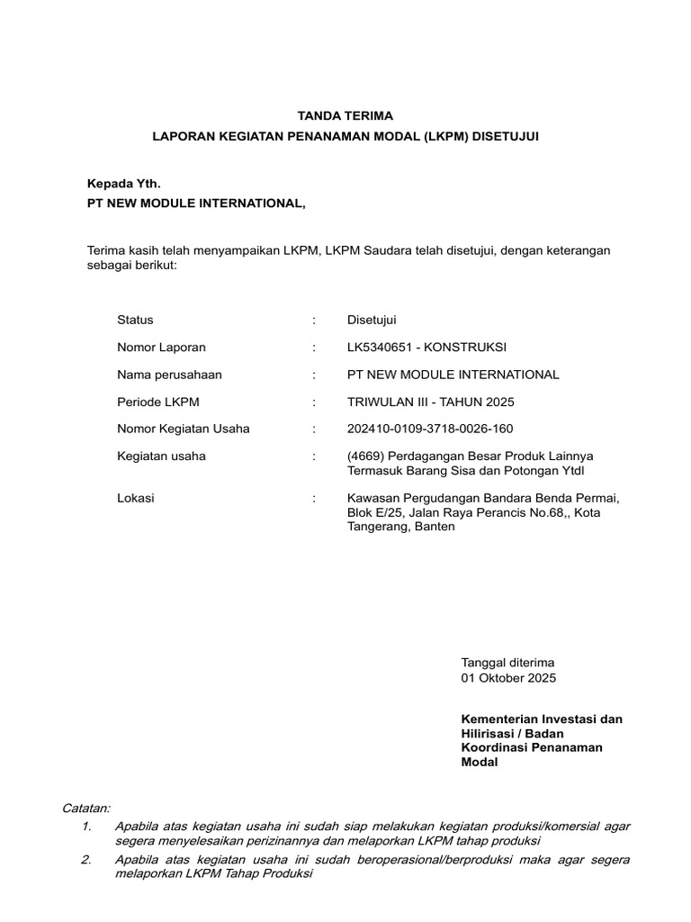 LKPM Disetujui PT New Module 2025 | PDF