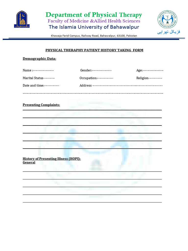 Physical Therapy Patient History Form | PDF | Clinical Medicine ...