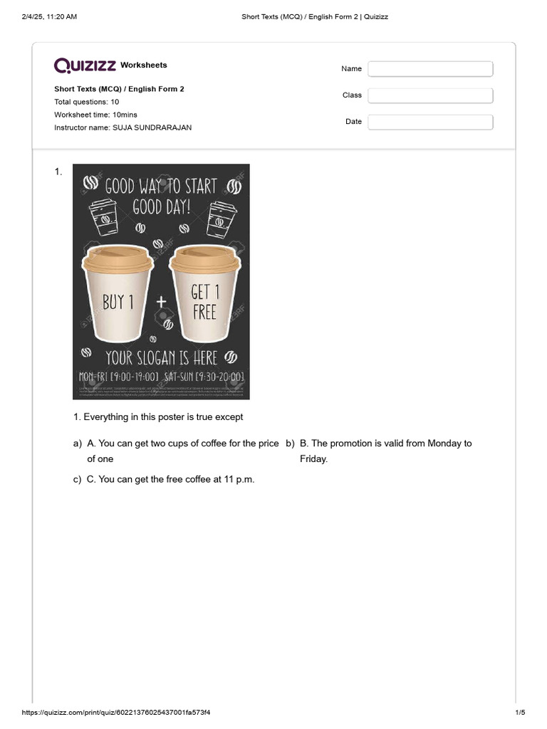 English Form 2 Short Texts MCQ Worksheet | PDF | Chess Openings | Chess