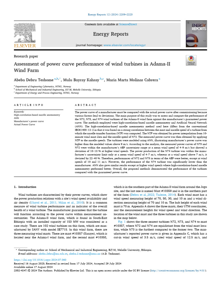 Assessment of Power Curve Performance of Wind Turbines in Adama-II | PDF