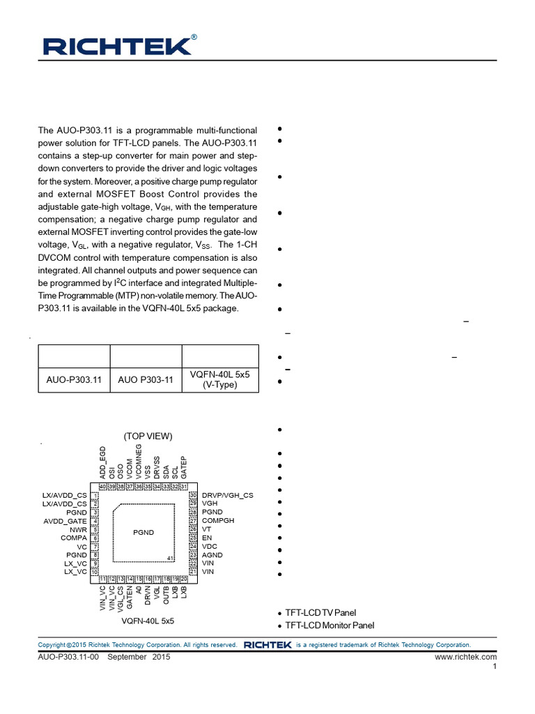 PMIC for TFT-LCD Panels Overview | PDF | Electromagnetism | Electronics