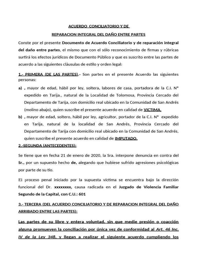 Acuerdo Conciliatorio de Reparación Integral | PDF | Justicia | Crimen ...
