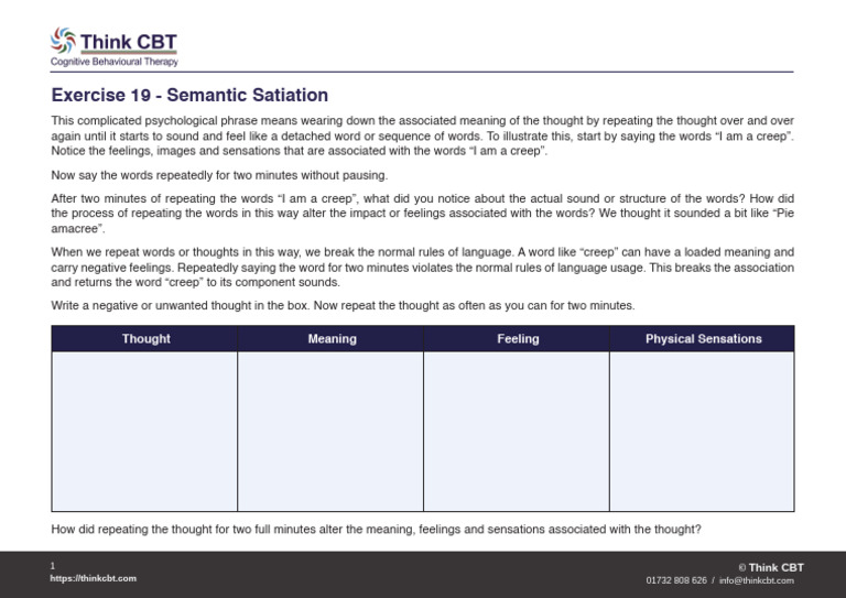 Think CBT Exercise 19 - Somantic Satiation v10 | PDF