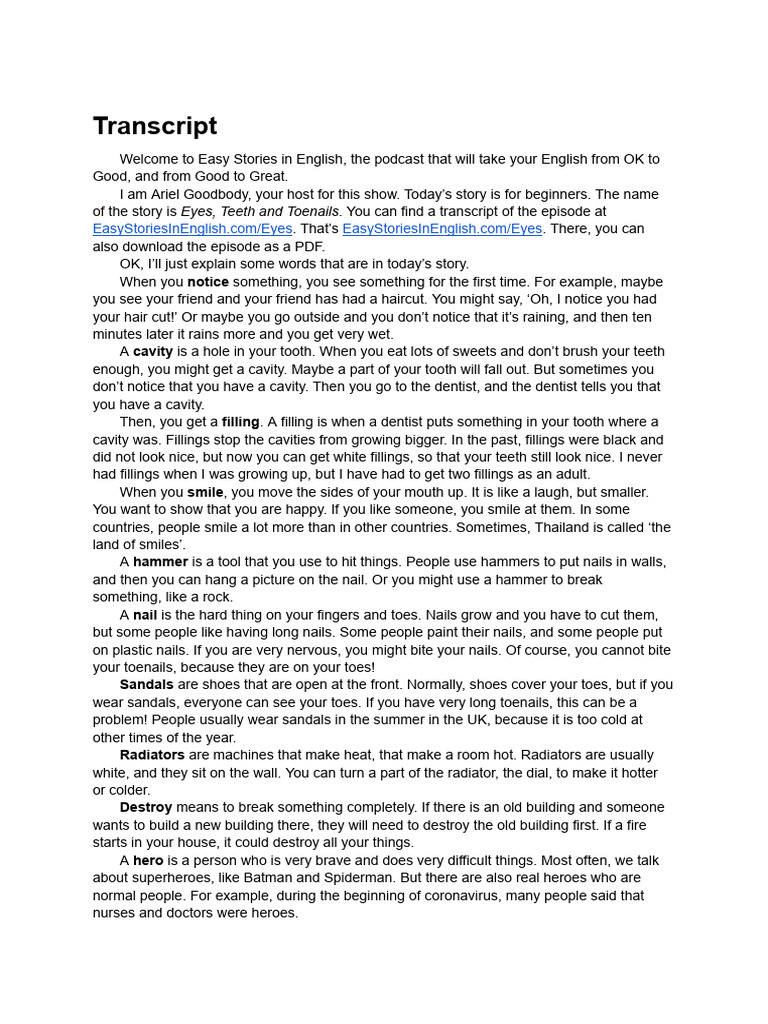 SCRIPT Eyes Teeth and Toenails | PDF | Toe