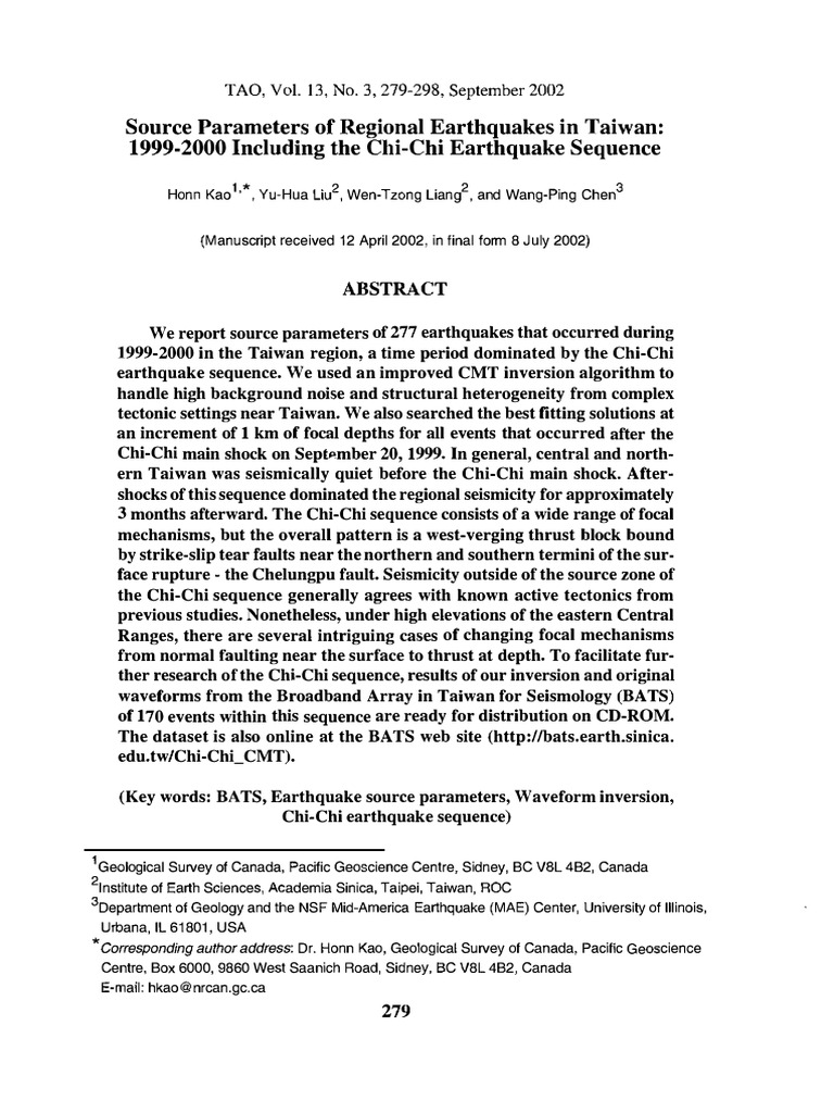 Source Parameters of Regional Earthquakes in Taiwan: 1999-2000 ...