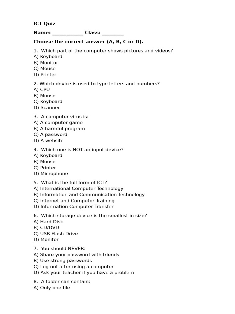 ICT Quiz for Computer Basics | PDF