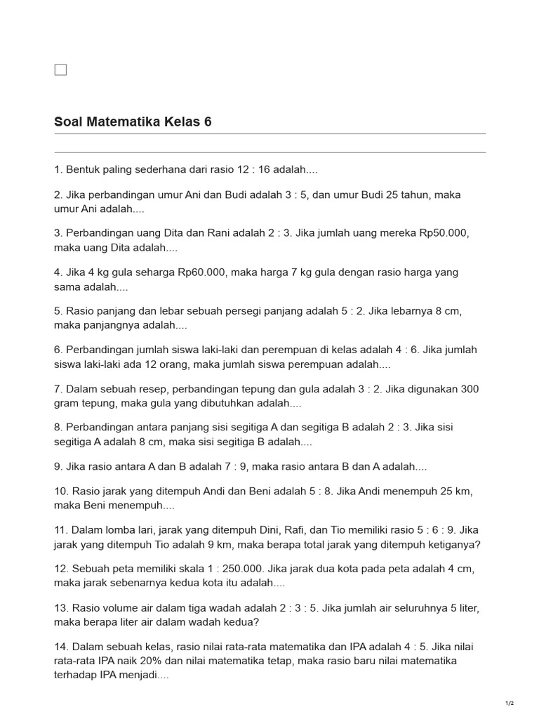 Soal Rasio dan Perbandingan Matematika Kelas 6 | PDF