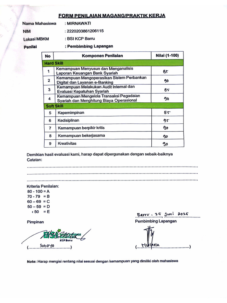 Form Penilaian Magang Mirnawati | PDF