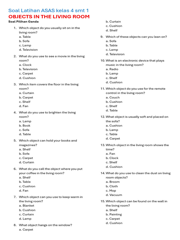 Living Room Object Quiz for Grade 4 | PDF | Chair | Interior Design
