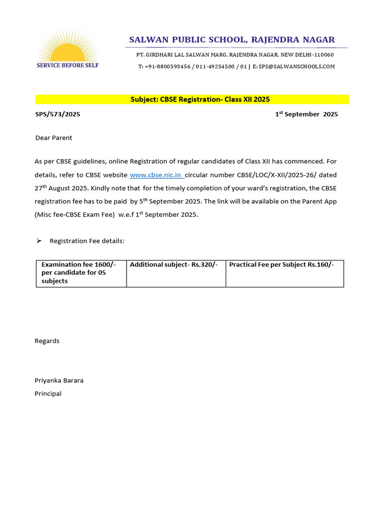 CBSE Class XII 2025 Registration Notice | PDF