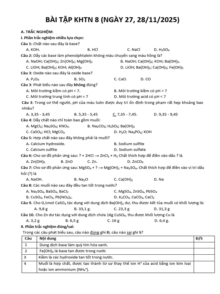 Bai Tap KHTN 8 Hoa Hoc | PDF