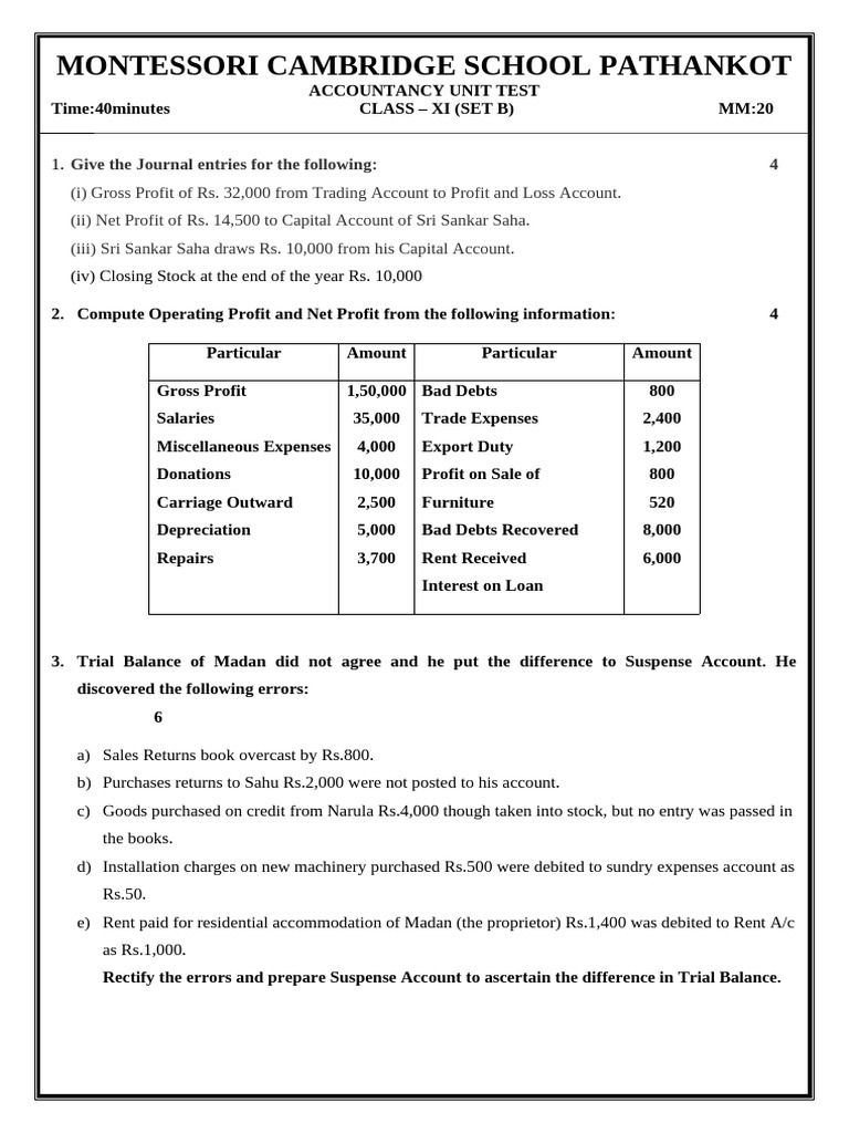 Class XI Accountancy Unit Test Guide | PDF | Expense | Debits And Credits