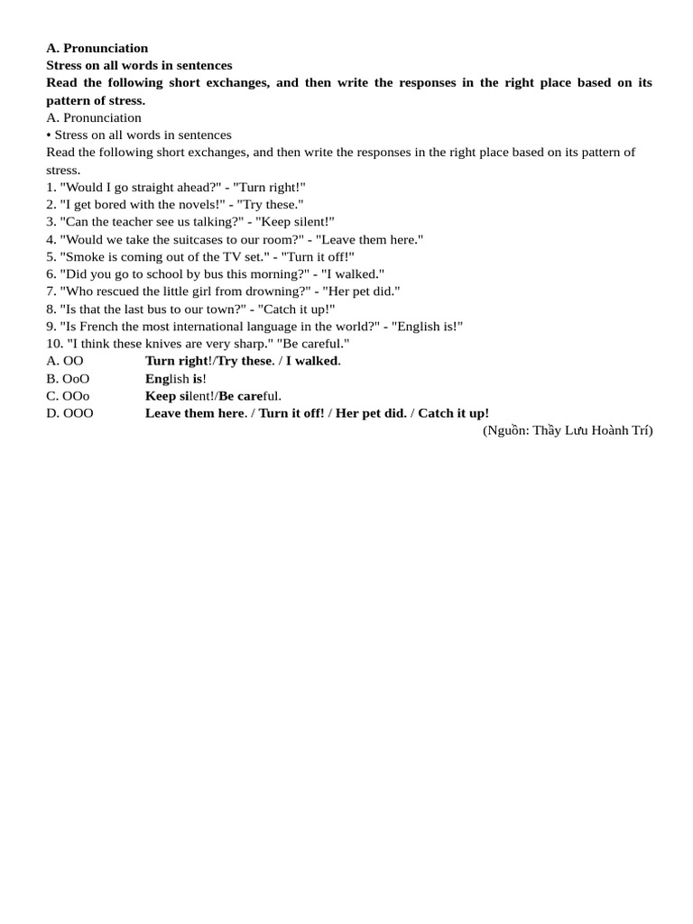 UNIT 11 Pronunciation Stress On All Words in Sentences | PDF