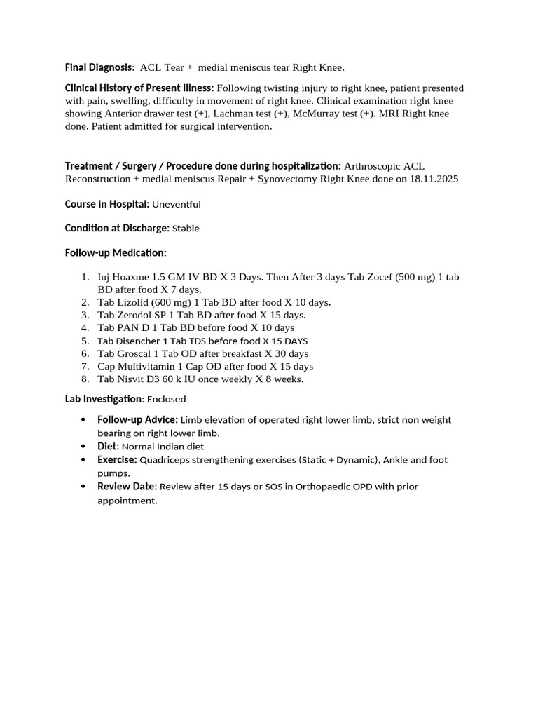 ACL and Meniscus Tear Surgery Summary | PDF
