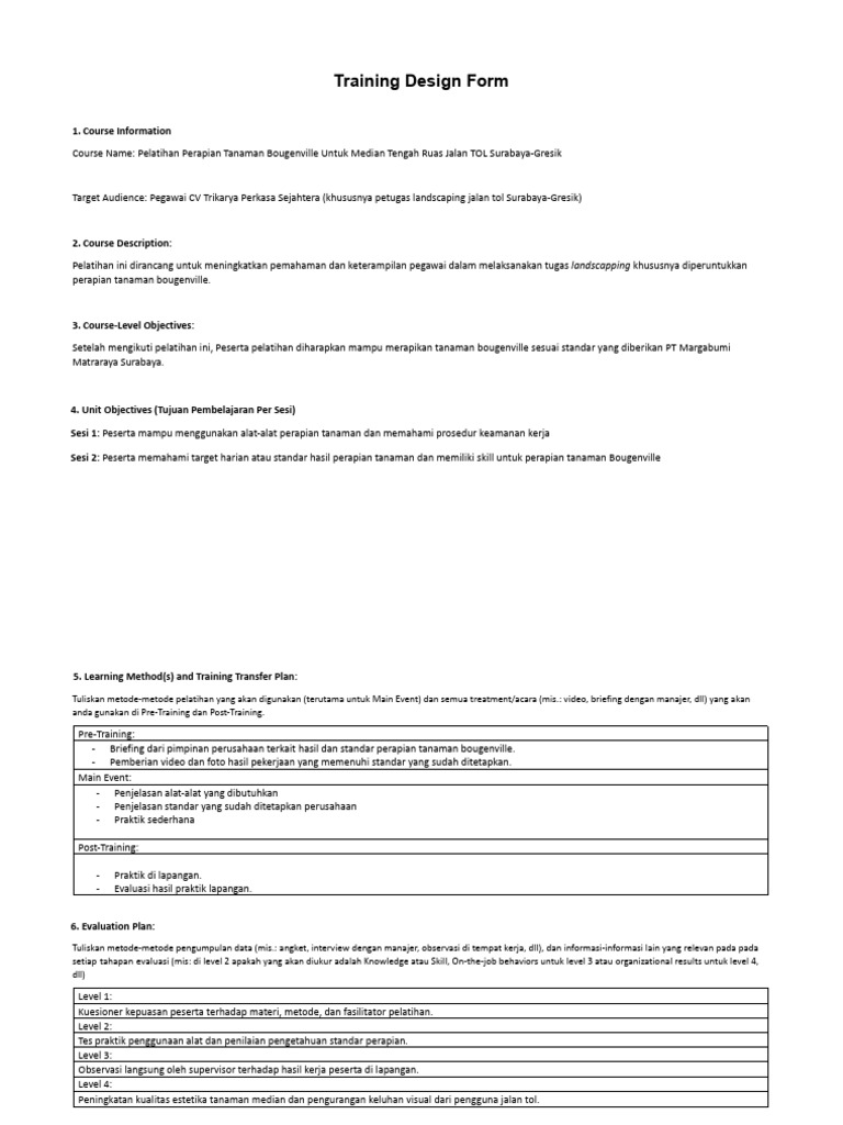 Training Design Form - Kel 7 | PDF