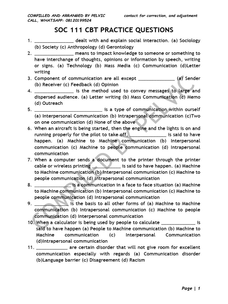 SOC 111 Communication Practice Questions | PDF | Communication | Fluency