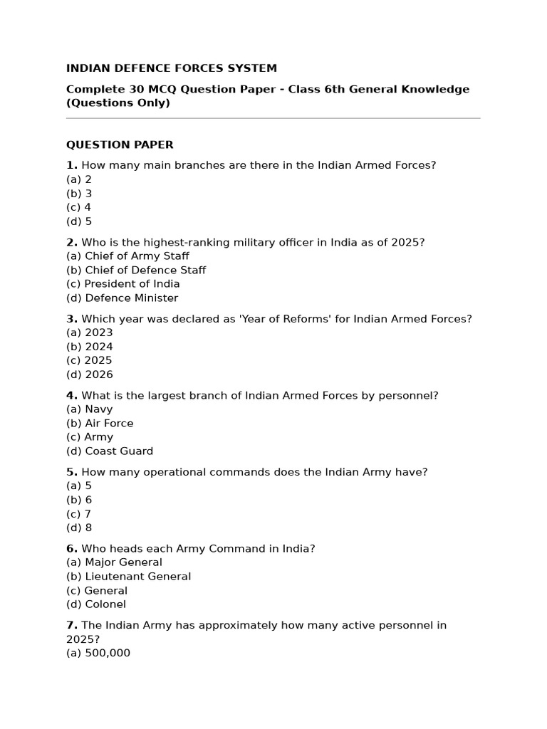 Indian Defence Forces MCQ Paper for Class 6 | PDF | Military Branches ...
