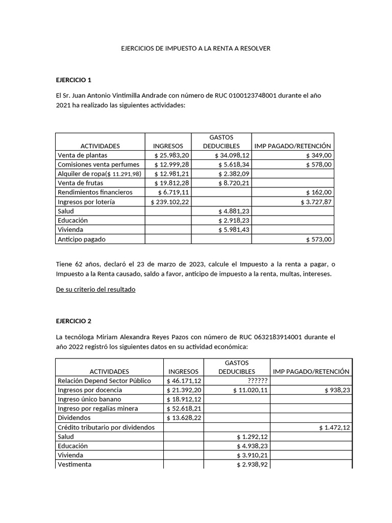 Ejercicios de Cálculo de Impuesto a la Renta | PDF | Impuestos ...