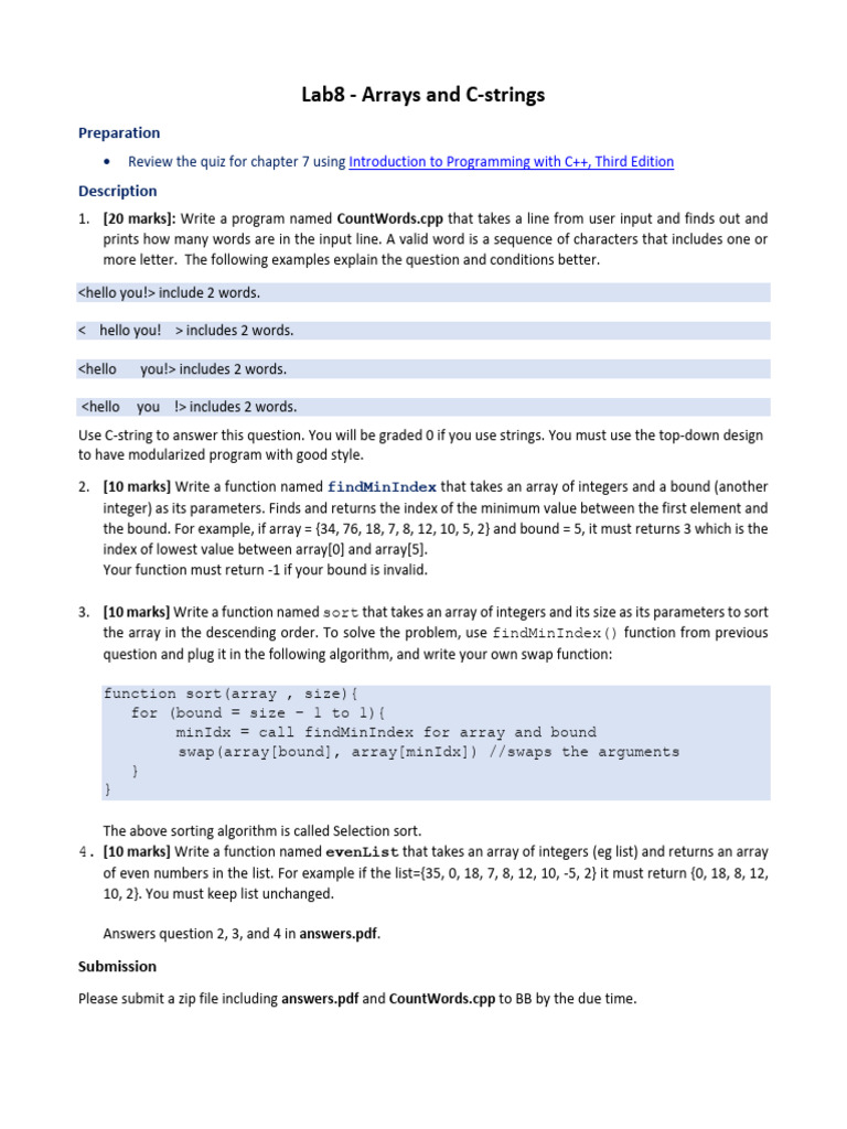C++ Lab: Arrays and C-Strings Tasks | PDF
