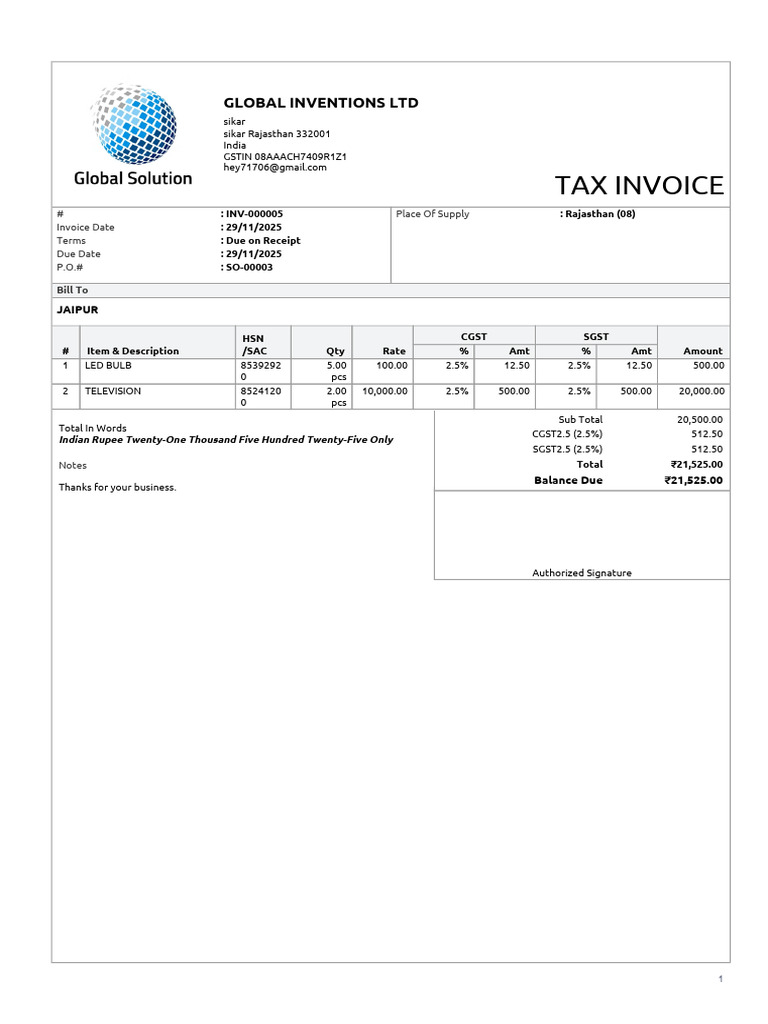 Tax Invoice for Global Inventions Ltd | PDF