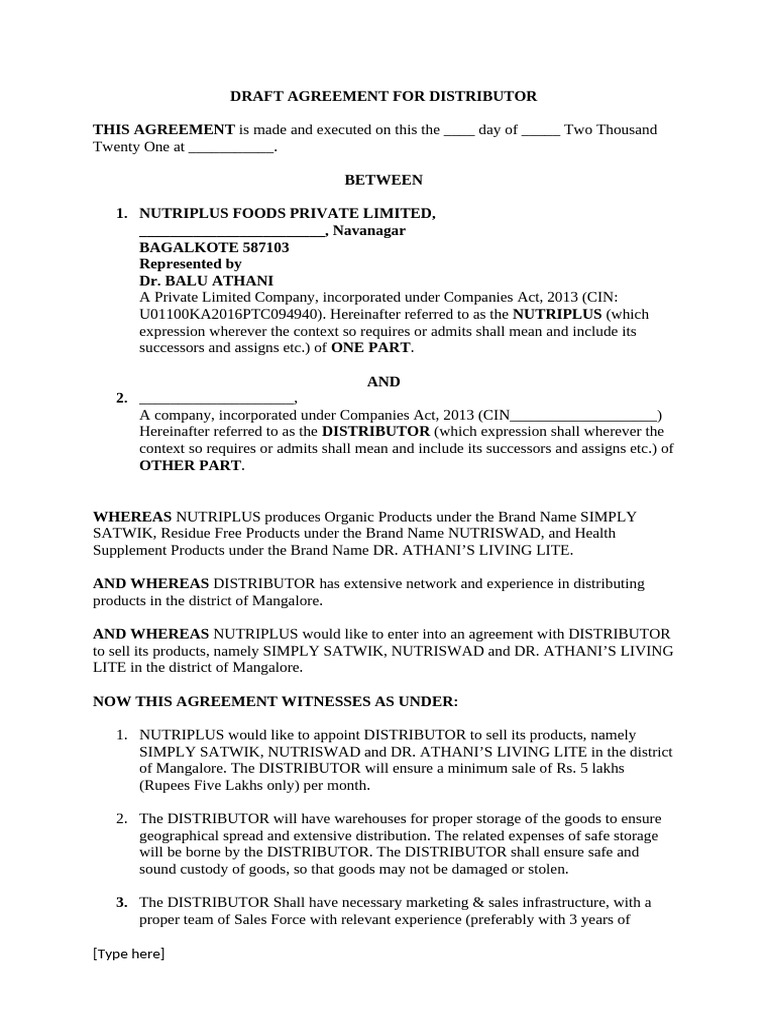 Distributor Agreement for Nutriplus Foods | PDF | Arbitration | Business