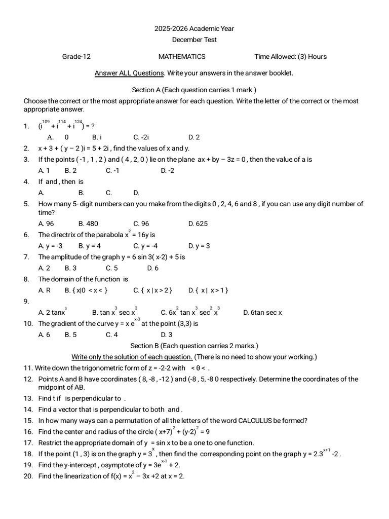 Grade 12 Mathematics Test 2025-2026 | PDF | Chess Openings | Chess