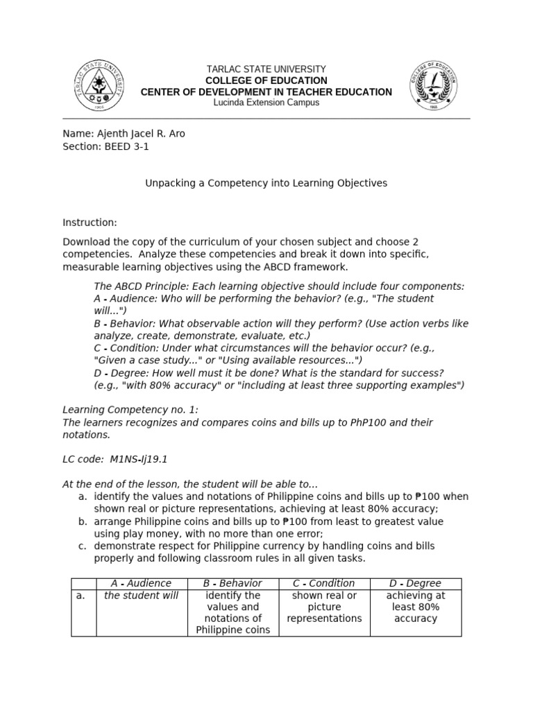 Learning Objectives Using ABCD Framework | PDF | Learning | Accuracy ...