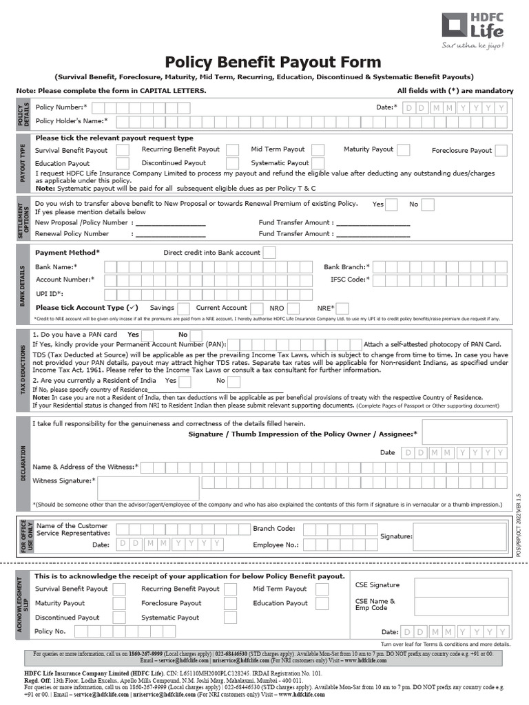 HDFC Life Policy Benefit Payout Form | PDF | Insurance | Life Insurance