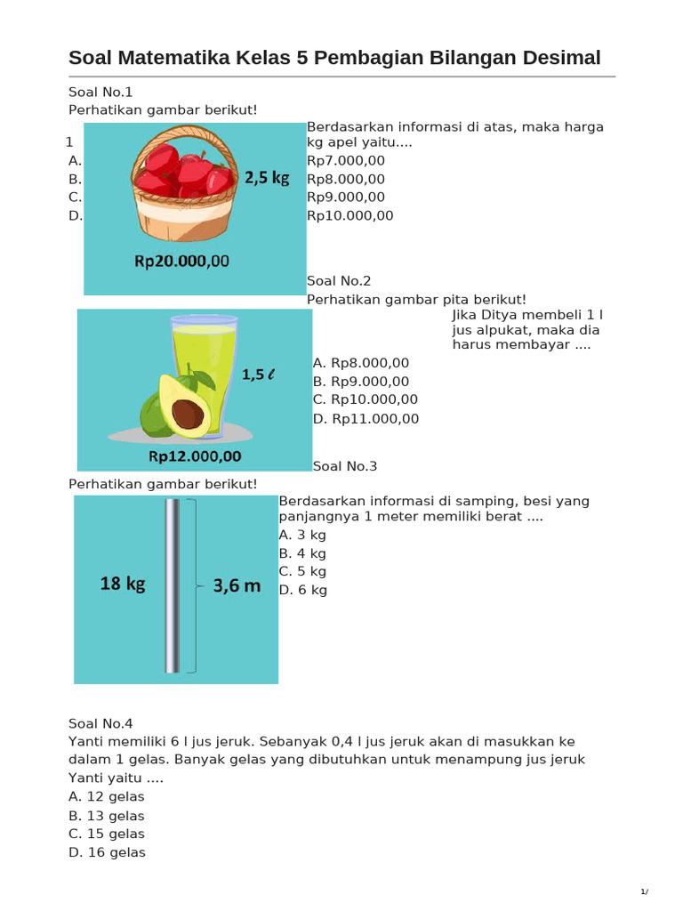 Soal Pembagian Bilangan Desimal Kelas 5 | PDF
