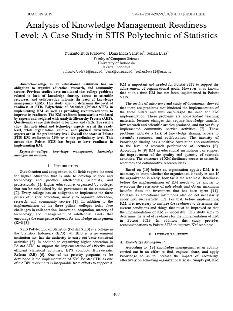 Analysis of Knowledge Management Readiness Level A Case Study in STIS ...