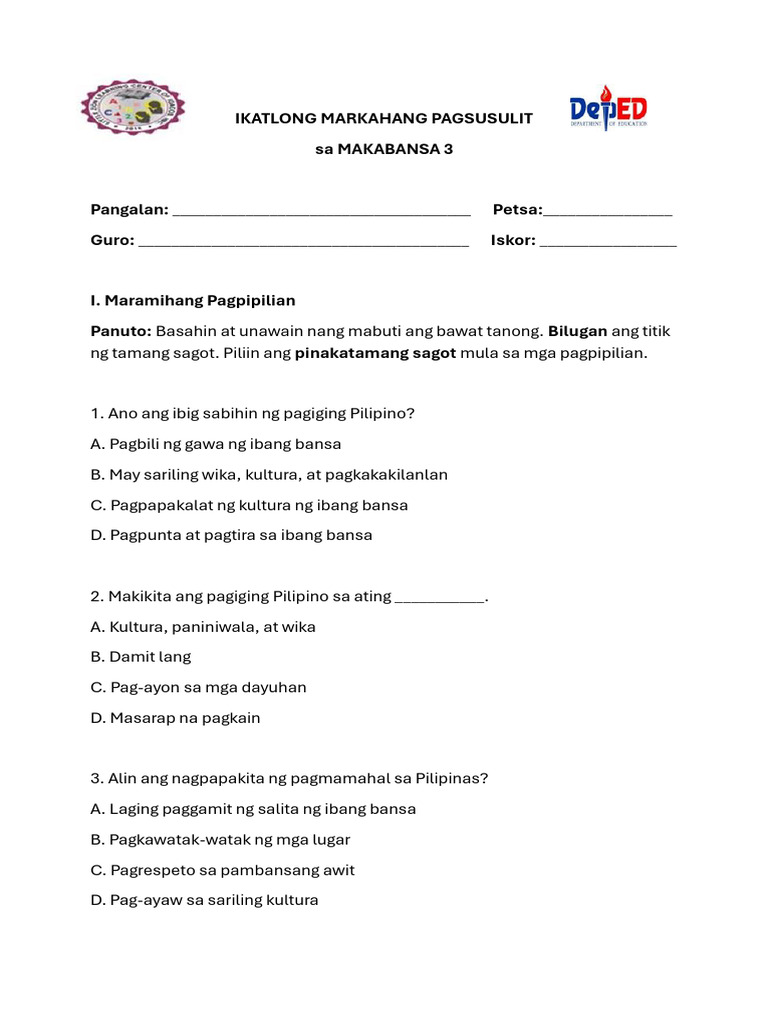 MAKABANSA 3 3rd Quarter Exam | PDF