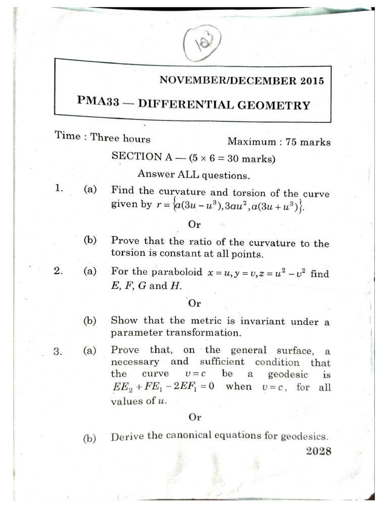 Question Paper Differential Geometry-1 | PDF