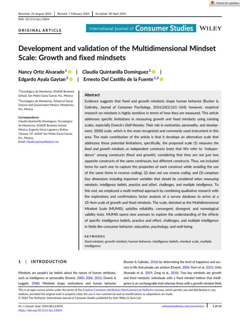 Multidimensional Mindset Scale Development | PDF | Mindset | Cronbach's ...