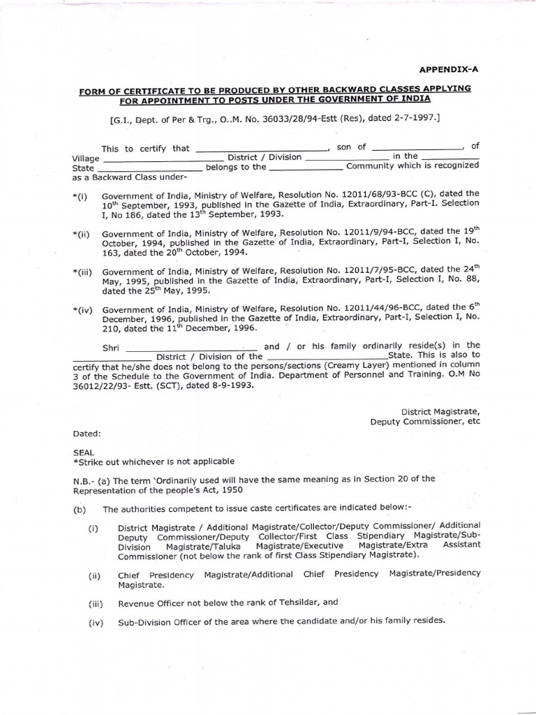 Backward Class Community Certificate Template | PDF | Affirmative ...
