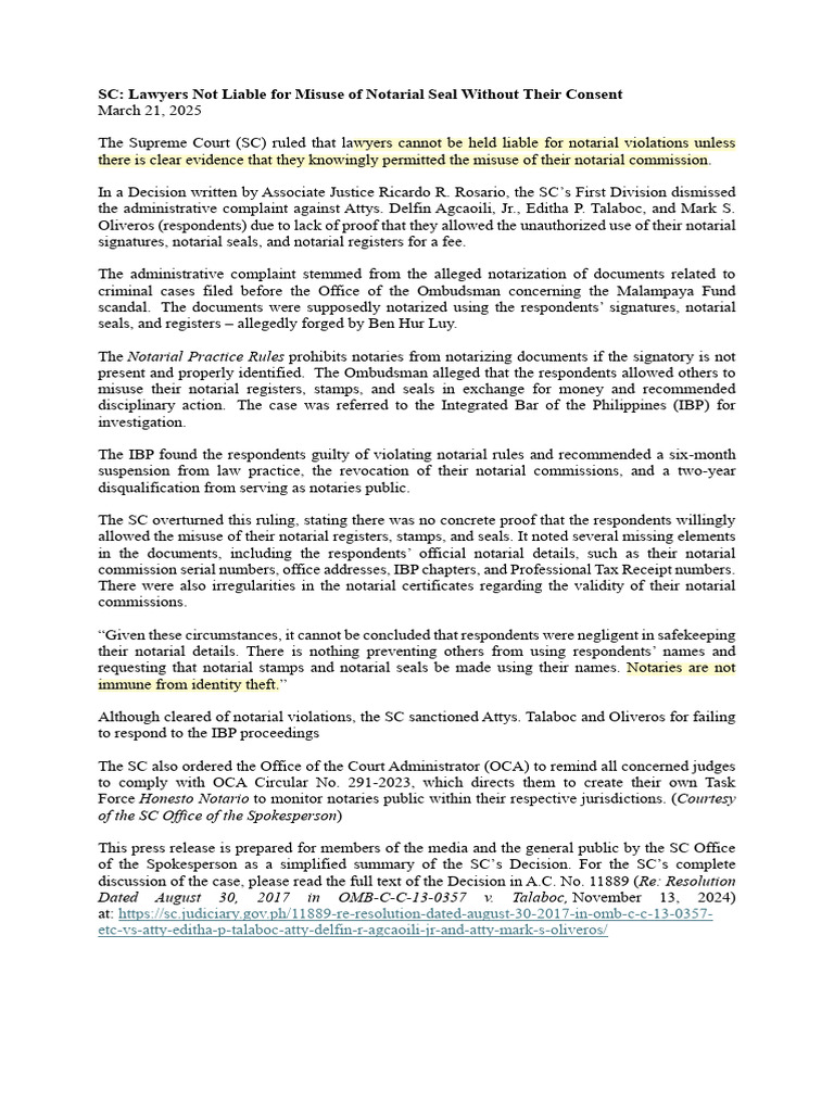 SC Ruling: Lawyers Not Liable for Seal Misuse | PDF | Insanity Defense ...