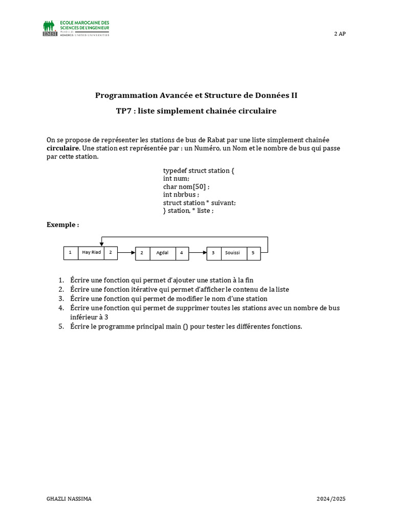 TP7 : Liste Chaînée Circulaire de Bus | PDF