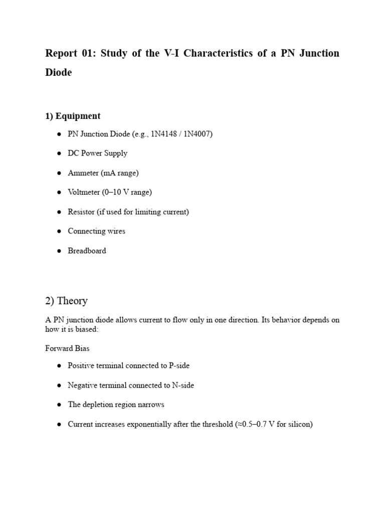 Report 01 Study of The V I Characteristics of A PN Junction Diode | PDF ...