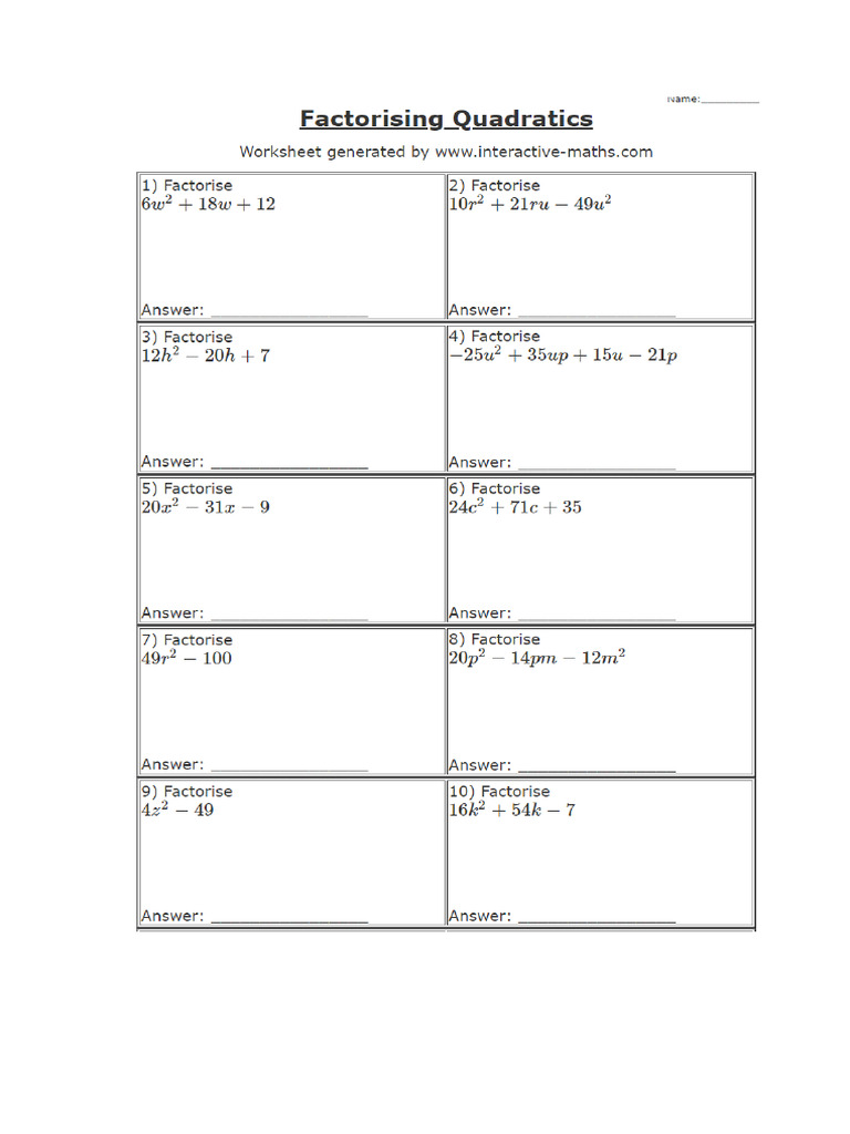 2.2 Factorising Quadratics VERY TOUGH Worksheet | PDF