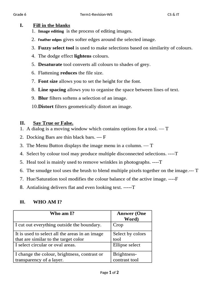 Grade 6 CS & IT Image Editing Revision | PDF | Image Editing | Computer ...