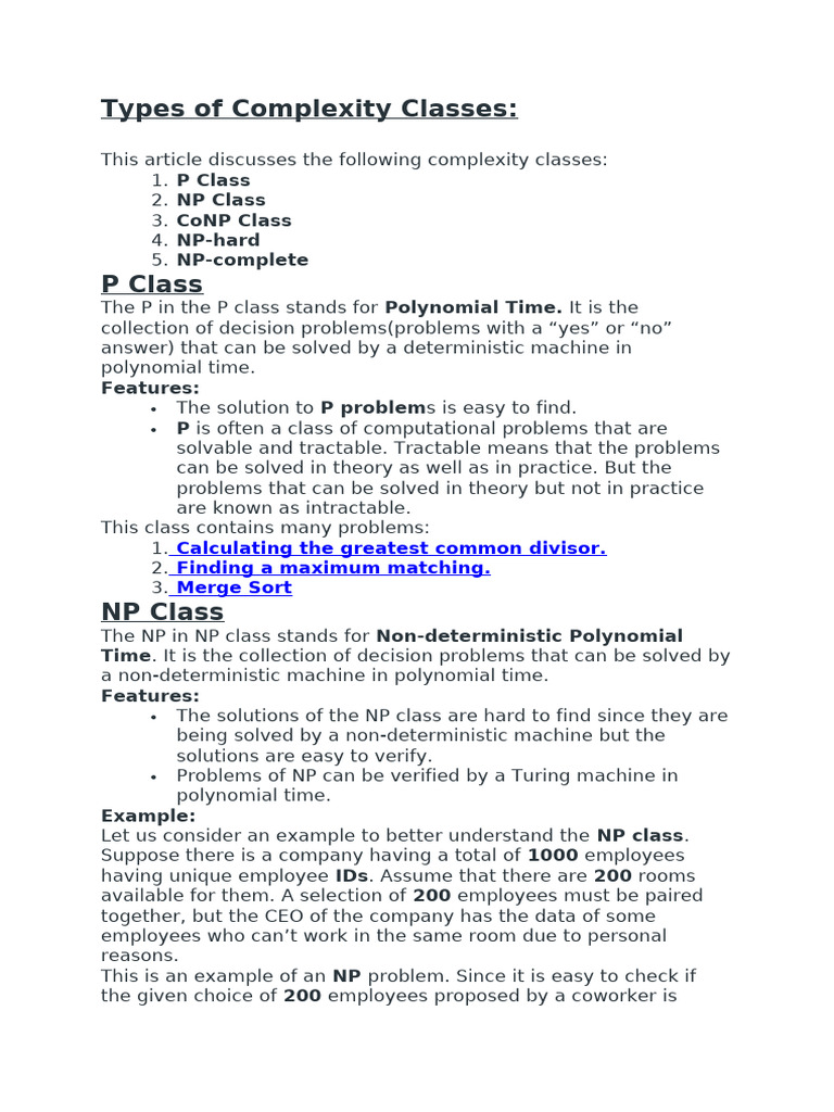 Overview of Complexity Classes in Computing | PDF | Computational ...