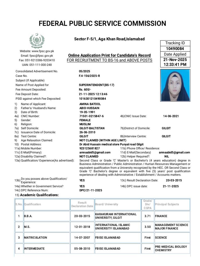 FPSC Application for Superintendent BS-17 | PDF | Educational Stages