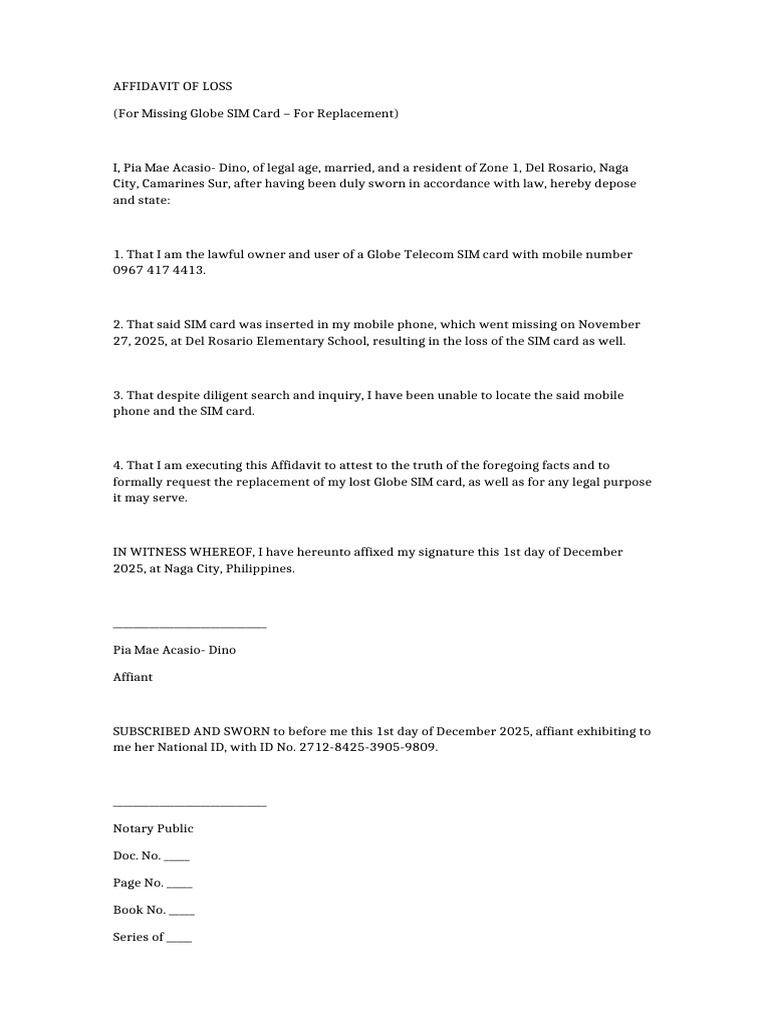Affidavit for Lost Globe SIM Card | PDF