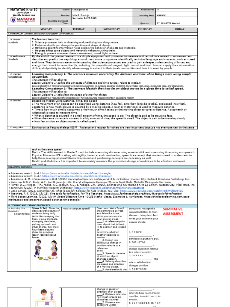Dll Science 4 q3 w4 Final | PDF | Speed | Learning