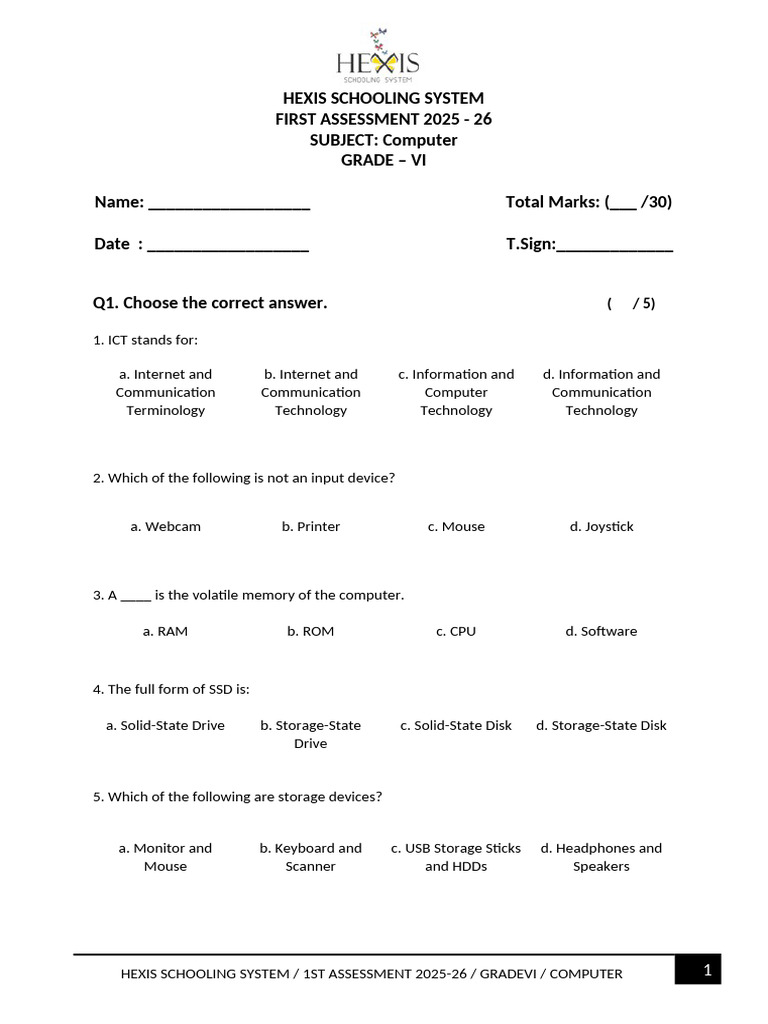 Grade VI Computer Assessment 2025-26 | PDF | Computer Data Storage ...